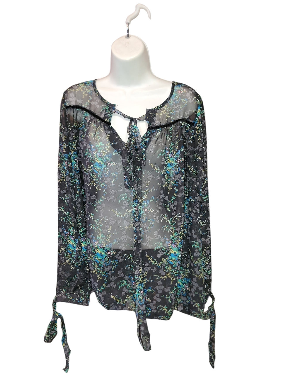 Beulah Black Sheer Floral Tie-Neck Blouse with Blue-Green Accents